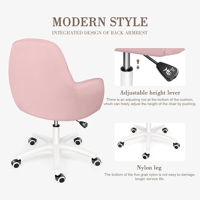 Mid Back Velvet Vanity Chair Swivel Rolling Desk Chair with Wheels, Modern Upholstered Makeup Chair for Women Girls, Computer Task Chair for Bedroom Living Room Office, Pink