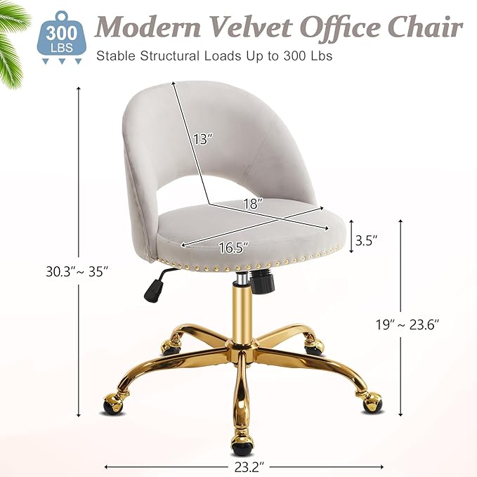 VINGLI Stylish Vanity Chair with Back, Girl Desk Chair with Silent Wheels and Velvet, Grey