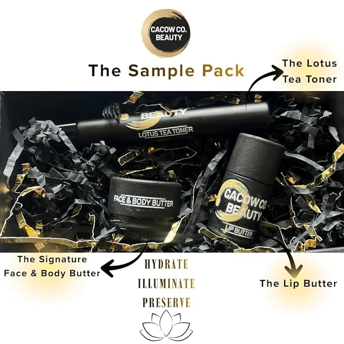 The Sample Pack - Travel Size of our 3 Signature Products - The Lip Butter, The Face & Body Butter, The Lotus Tea Toner