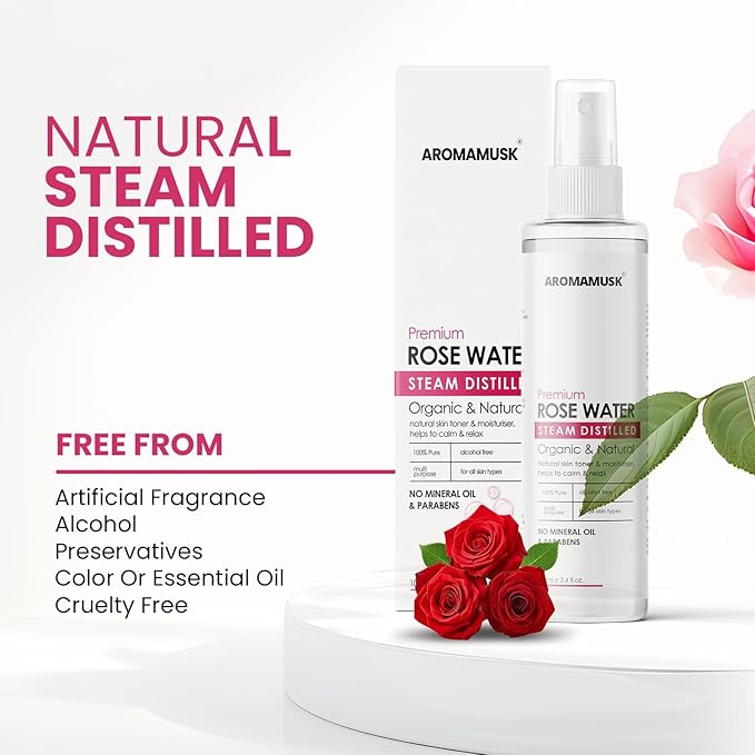 Aroma-Musk 100% Organic Rose Water Spray | Steam Distilled Gulab Jal Toner | Hydrating Facial Mist & Cleanser | Alcohol & Paraben Free | for All Skin Types | 100ml