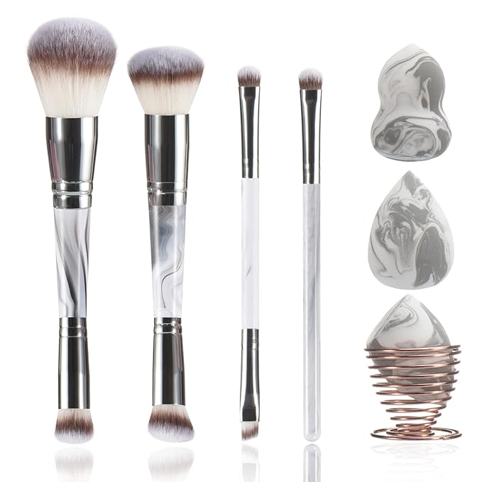 Grey Makeup Brushes set, 4 Dual-Ended Brushes, 3 Makeup Sponges & 1 Metal Stand, Professional Complete Cosmetic Brush Set, for Foundation Powder Blush Eyeshadow