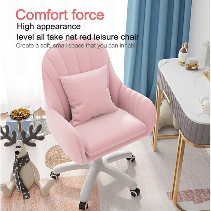 Velvet Desk Chair with Pillow Upholstered Vanity Chair for Girls Women, Home Office Computer Task Chair with Wheels Swivel Rolling Accent Chair for Living Room, Bedroom