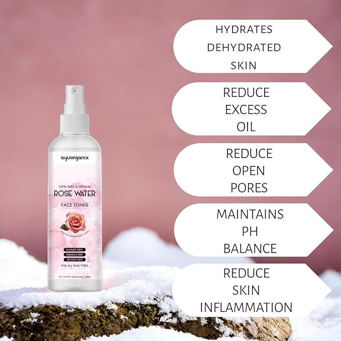 AYUORGANIX Pure Rose Water Spray 200ml - 100% Natural & Organic, Hydrating Toner for Face, Skin & Hair Care, Refreshing Mist for All Skin Types, Alcohol-Free, Steam Distilled