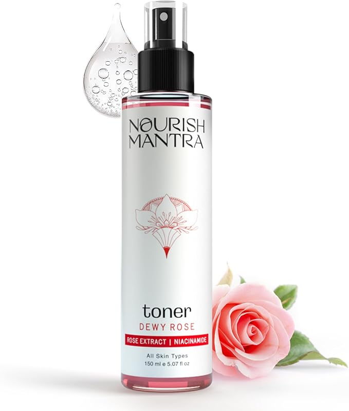 Nourish Mantra’s Dewy Rose Toner/Formulated with Rose De Mai, Niacinamide & Vitamin B5/ Radiant & Rejuvenated Skin/Pore Tightening Toner (150ml)