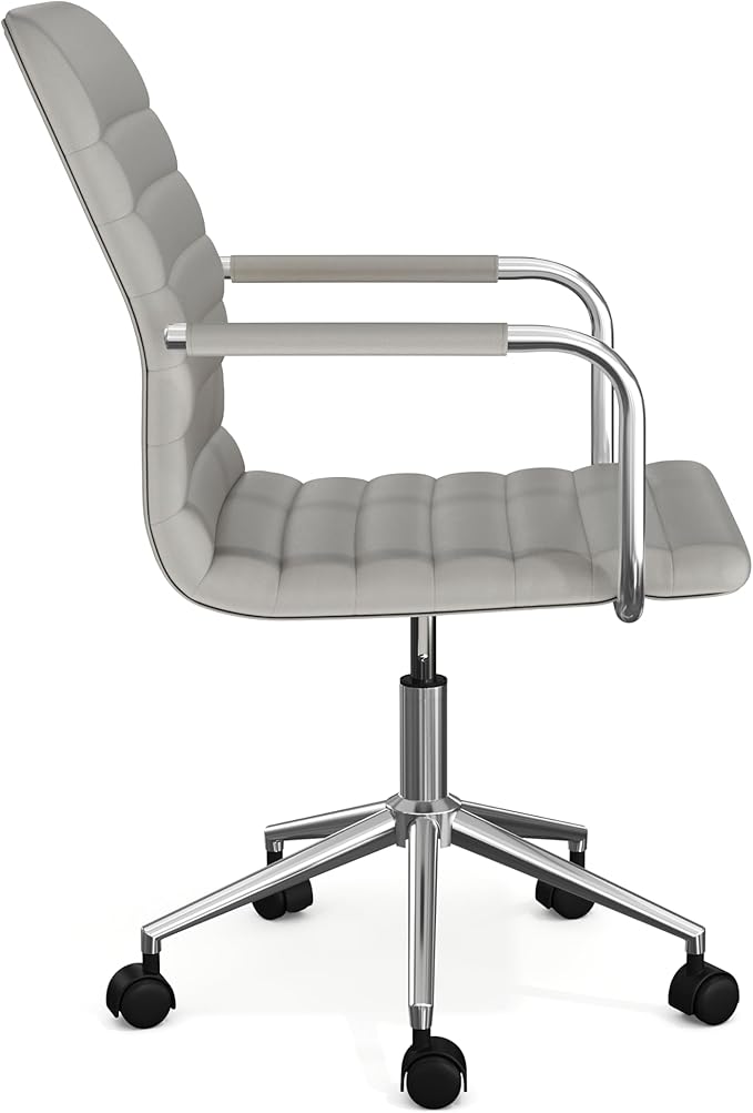 Martha Stewart Taytum Swivel Task Chair with Armrests for Home Office in Gray Faux Leather with Polished Nickel Frame