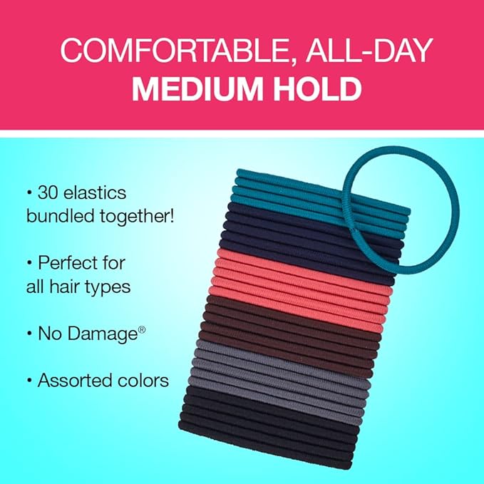 Scunci by Conair No Damage Effortless Beauty Large Multicolor Hair Ties Elastics for Women and Men, Elastic Hair Ties with No Damage in Assorted Neutral Colors, 30 Pack