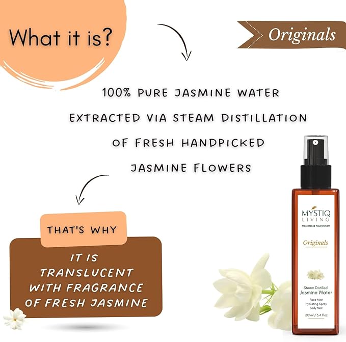 Mystiq Living Jasmine Floral Water Spray -100 ML | Pure Mogra Jal,100% Pure and Natural | Steam Distilled for Face, Toner, Body Mist & Pore Cleanser