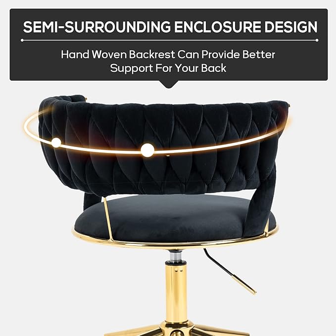NIOIIKIT Velvet Office Desk Chair with Hand Woven Backrest, 360° Swivel & Height Adjustable Task Chairs, Makeup Chair, Living Room Chairs with Stainless Base and 5 Wheels (Black)