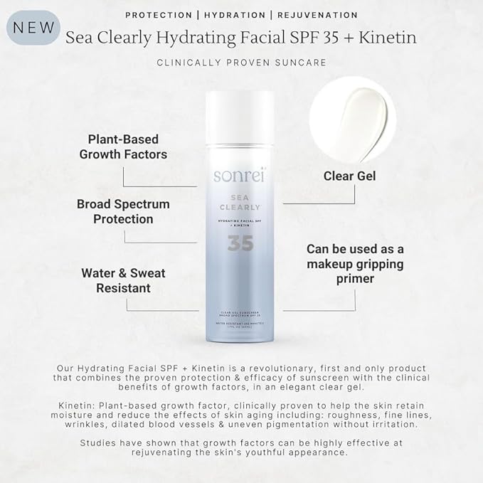 Sonrei Sea Clearly Hydrating Facial SPF 35 + Anti-aging Growth Factor Clear Sunscreen Gel & Primer | Broad Spectrum UV Protection | Water Resistant and Vegan | Non-greasy (1-Pack)