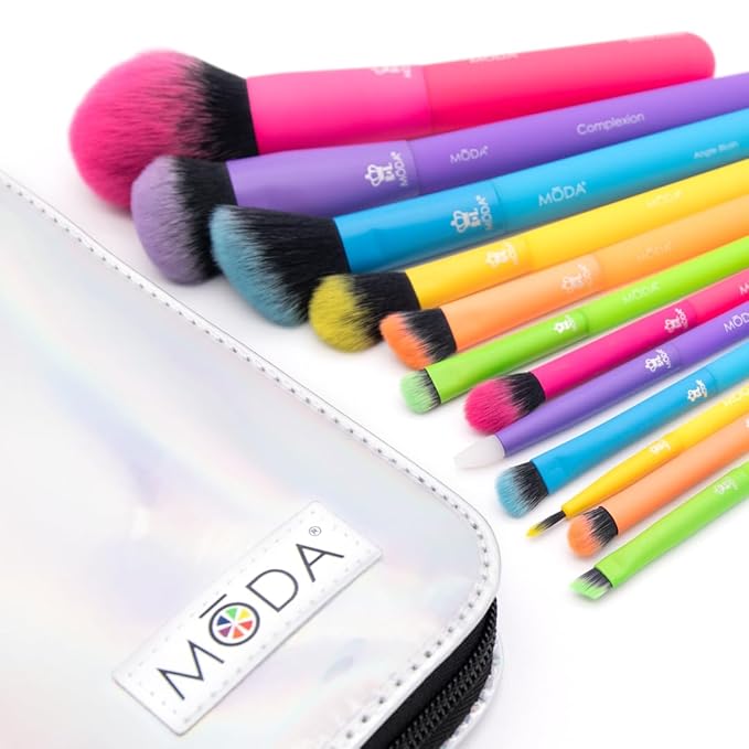 Moda Totally Electric 13pc Full Face Makeup Brush Set – Bold, Colorful, Vegan Brushes for Face & Eye Makeup, Blending, Contouring, and More