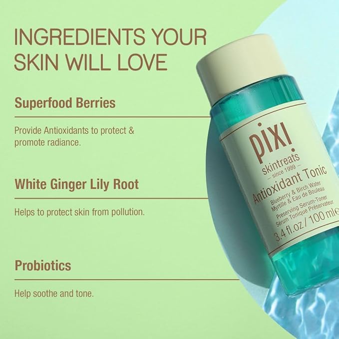 Pixi Antioxidant Tonic | Alcohol-Free Hydrating Multi-Tasking Formula with 3 Facial Skin Care Products in 1 | Face Toner, Essence, and Serum in One Step | 100mL Travel Size Skincare