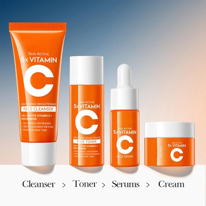 4-In-1 Vitamin C Skincare Set, Moisturize Skin Care Kit with Facial Cleanser, Toner, Serum and Face Cream, Gift For Women and Girls