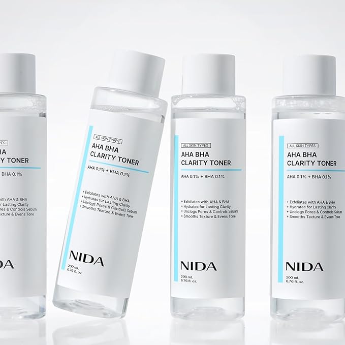 NIDA AHA BHA Clarity Toner | AHA 0.1%, BHA 0.1%, Niacinamide,Centella Asiatica | Exfoliate, Hydrate, Pore Control, Evens Tone | 6.76 fl. oz., 200ml