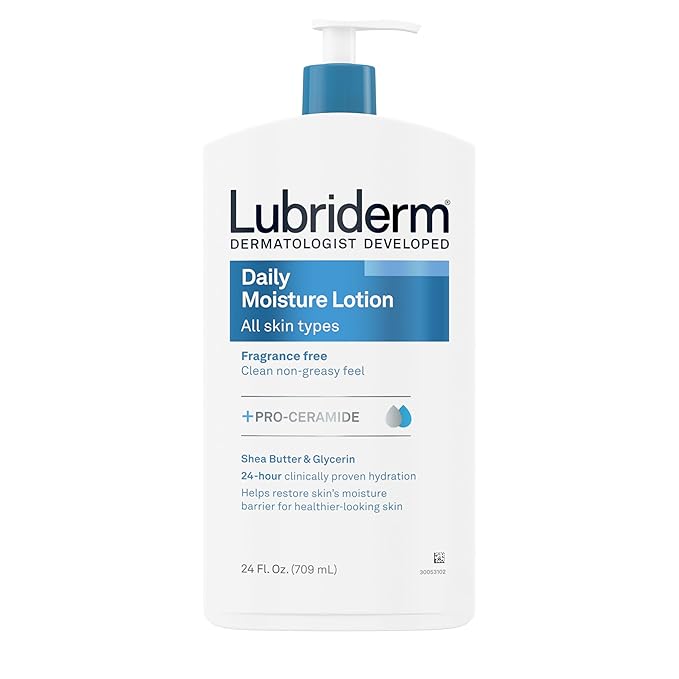 Lubriderm Fragrance Free Daily Moisture Lotion + Pro-Ceramide Shea Butter & Glycerin Face Hand & Body Lotion for Sensitive Skin Hydrating 24 Hour Moisturizer Healthier-Looking Skin 24 fl.Oz Pack of 3