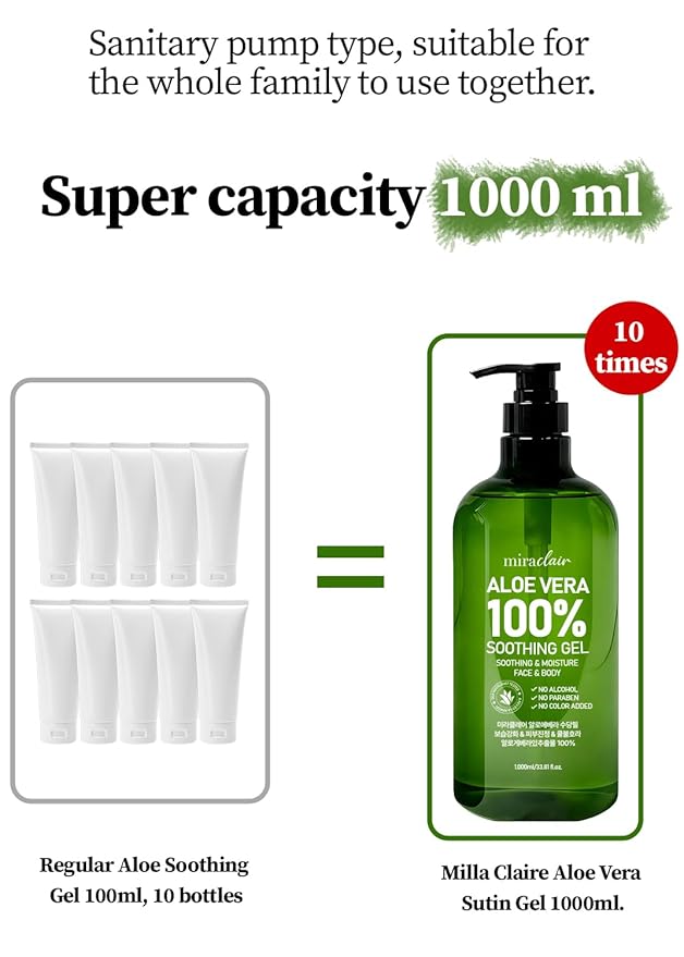 100% Pure Aloe Vera Soothing Gel – Aloe Vera Gel 1000ml, Moisturizing & Calming Skin Care for Face & Body Hair 33.81 fl oz