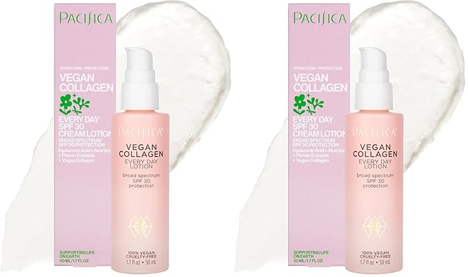 Pacifica Beauty Vegan Collagen SPF 30 Broad Spectrum Sunscreen Every Day Face Lotion,UVA/UVB Protection for All Skin Types,Lightweight,Moisturizing & Hydrating,Cruelty Free,White,1.7 Fl Oz,(Pack of 2)
