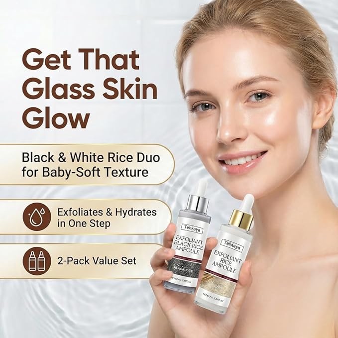 Black and White Rice Exfoliation Essence & Rice Peel Shot, 2 PCS White & Black Rice Facial Serum for Dead Skin Removal, Deep Cleansing & Pore Minimizing, Suitable for All Skin Types