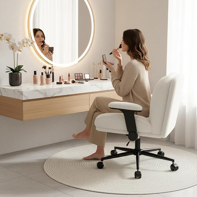 Cross Legged Office Chair with Flip-Up Arms,Oversized Criss Cross Chair with Wheels,Wide & Extra-Deep Seat Thickened for Home Office,Vanity, Bedroom,Apartment Dorms,Plush Cushion,Comfy,White