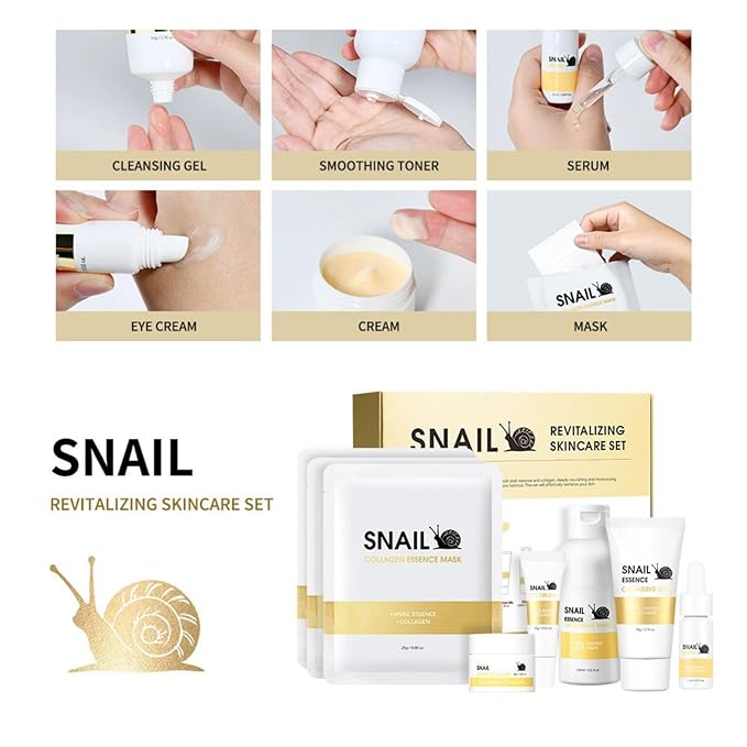 Korean Snail Essence Skin Care Set, 6-Piece Skincare Set with Gentle Cleansing Gel, Mask, Toner, Eye Cream, Serum, Essence Cream, Long-Lasting Moisturizing Minimize Wrinkles & Pores Smooth Fine Lines