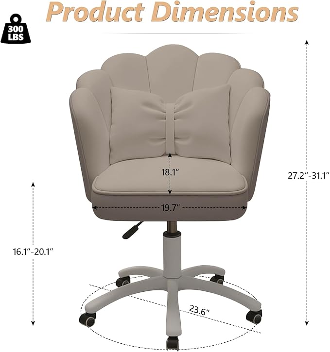 Home Office Desk Chair Swivel Rolling Vanity Chair with Silent Wheels and Comfortable Back, Adjustable Height Upholstered Computer Task Chair for Makeup, Bedroom