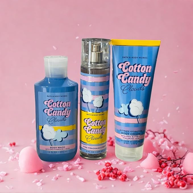 Bath & Body Works COTTON CANDY CLOUDS Fine Fragrance Mist, Ultimate Hydration Body Cream & Body Wash 3pc Gift Set with a Red Bow for Holidays – Full Size