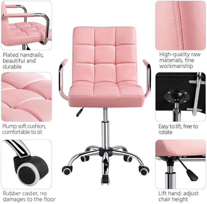 Yaheetech Modern PU Leather Desk Office Chairs with Wheels/Armrests Height Adjustable Home Computer Executive Chair on Wheels 360° Swivel, Pink