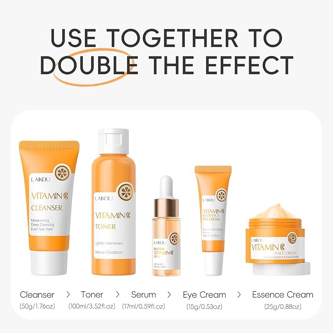 LAIKOU Vitamin C Skin Care, Skin Care Set with Cleanser, Toner, Serum, Eye Cream, Face Cream for Women Teen Girls Mom Daughter Mother's Day Christmas Birthday Beginner Kit TSA-friendly 5pcs