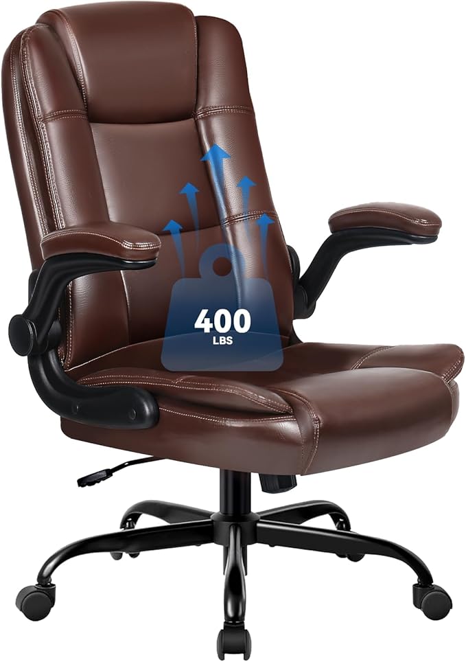 VITESSE Ergonomic Office Chair with Flip-up Armrests, Big and Tall Leather Executive Office Chair, High Back Lumbar Support Home Computer Desk Chair, Heavy and Duty Computer Chair (Brown)