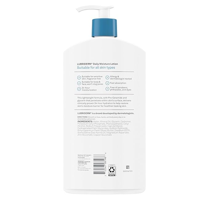 Lubriderm Value-Size Daily Moisture Lotion + Pro-Ceramide with Shea Butter & Glycerin Moisturizes Dry Skin, Hydrating Face, Hand & Body Lotion is Lightly Scented & Non-Greasy, 32 fl. oz