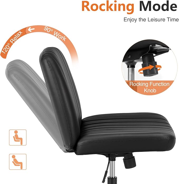 Sweetcrispy Criss Cross Chair Legged, Armless Office Wide Desk Chair No Wheels, PU Leather Swivel Vanity Height Adjustable Fabric Modern Computer Task Seating for Home - Black