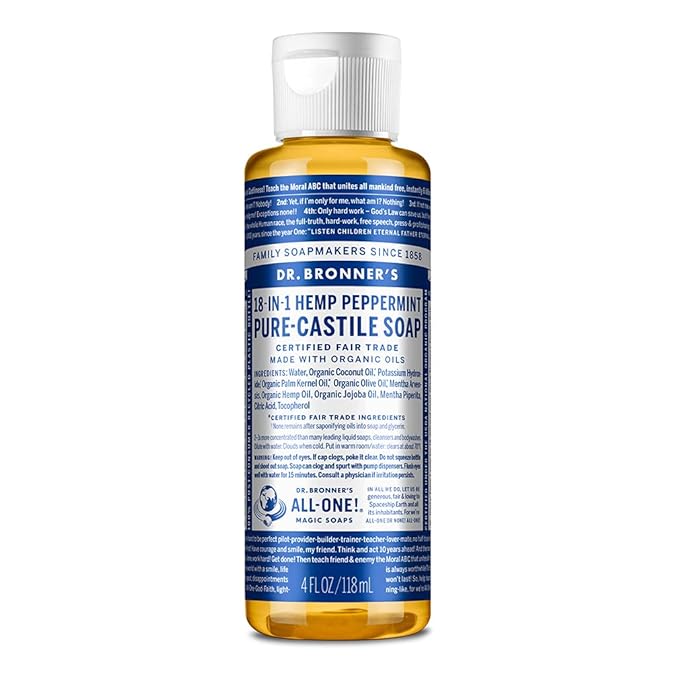 Dr. Bronner's - Pure-Castile Liquid Soap (Peppermint, 4 ounce) - Made with Organic Oils, 18-in-1 Uses: Face, Body, Hair, Laundry, Pets and Dishes, Concentrated, Vegan, Non-GMO