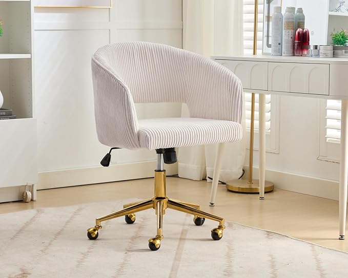Home Office Chair Swivel Corduroy Fabric Desk Chair Accent Armchair Upholstered Modern Tufted Chairs with Gold Base for Girls Women Ergonomic Study Seat Computer Task Stools for Living Room(Beige)
