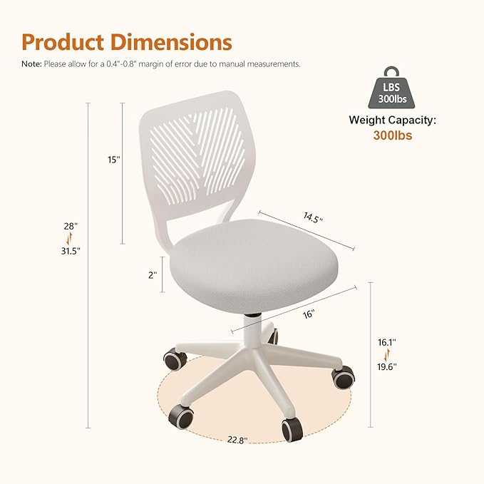 Armless Desk Chair Swivel Office Rolling Chair with Soft Padded Cushion, Height Adjustable Small Task Chair, Ergonomic Study Computer Chair for Kids Girls Boys Teens (White, 4PCS)