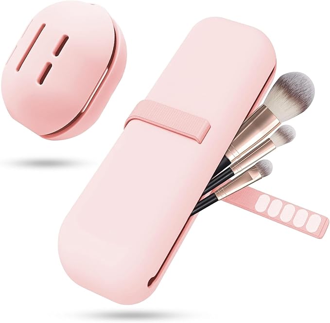 Silicone Makeup Brush Holder Travel Case No Odor Nylon Strap Closure | Water-Resistant Brush Organizer for Travel Makeup Brushes Storage-Pink