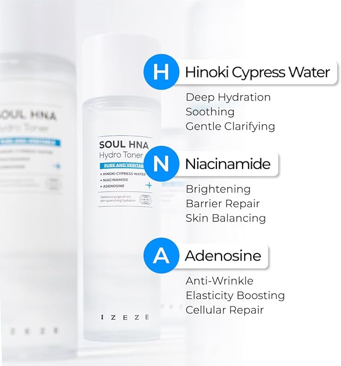 IZEZE Soul HNA Hydro Toner 5.07 fl.oz, 150 ml | Hyaluronic Acid, Dry Skin, Korean Skincare for Hydrating, Cypress Water for Hydration, Skincare Coreano