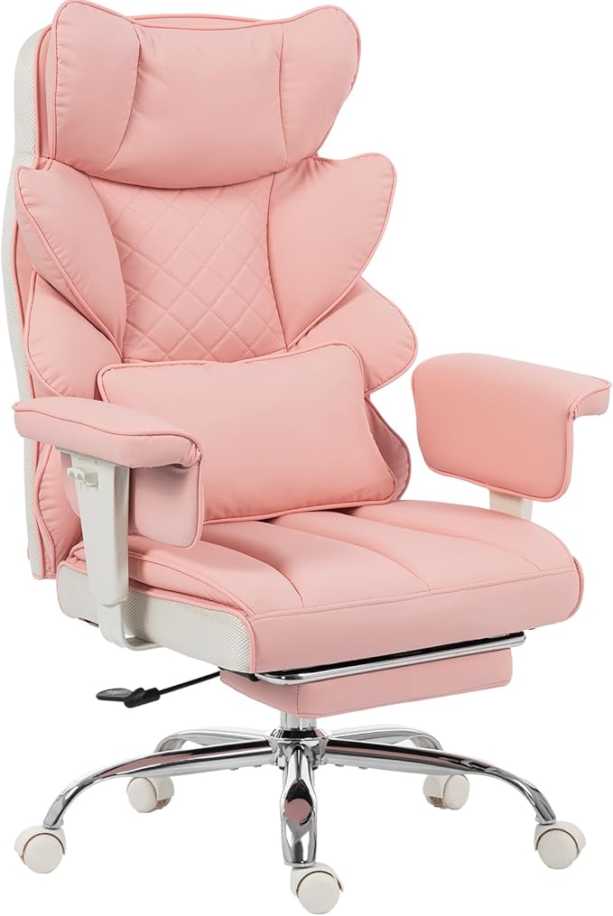Dowinx Big and Tall Office Chair with Pocket Springs Cushion,High Back Computer Gaming Chairs with Adjustable Armrests,Executive Desk Chairs with Lumbar Support and Footrest,PU Leather-Pink