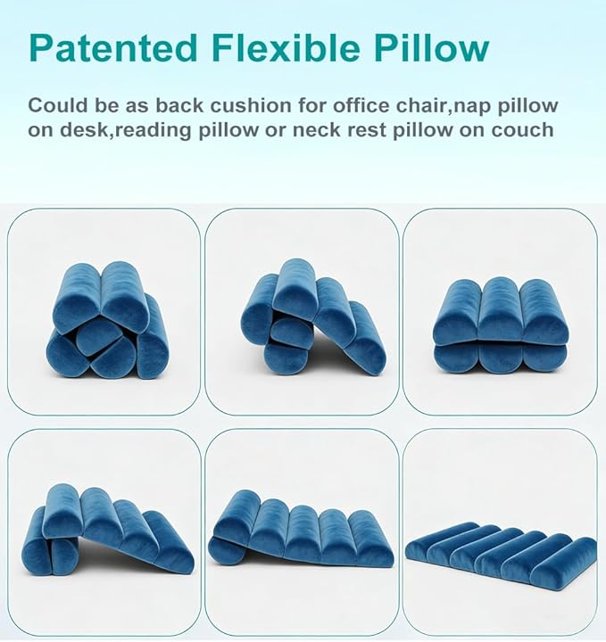Ergonomic Lumbar Support Pillow for High Back Office Chair - Adjustable 6 Semicircular Back Cushion,Backrest for Desk/Gaming Chairs,Neck/Upper/Lower Back Pain Relief (Blue Short Velvet)