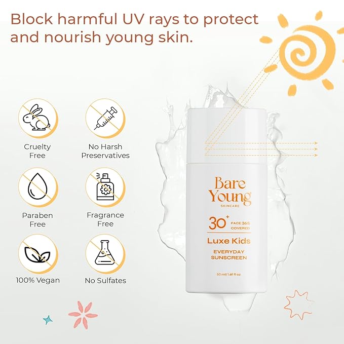 Bare Young 365 Covered Everyday Sun-screen, Zinc Oxide and Titanium Dioxide, Quick-Absorb Facial Sunscreen with No White Cast, Kids SPF 30 Face Sunscreen, Vegan Plant-Based Skincare for kids