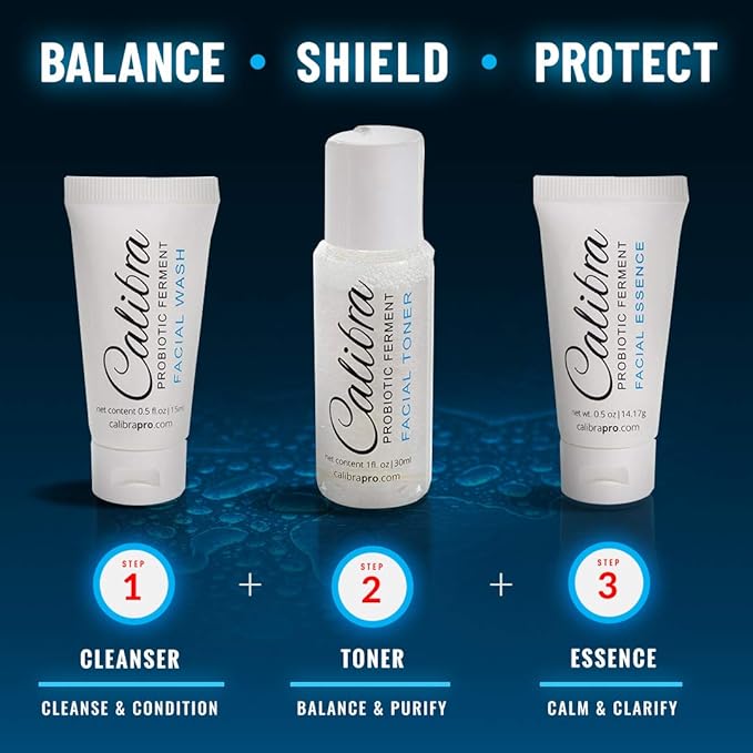 Calibra Probiotic Basic Skincare Kit for Men- 3 Easy Steps to Better Skin-Probiotic Facial Cleanser-Toner & Essence to Calm & Clear