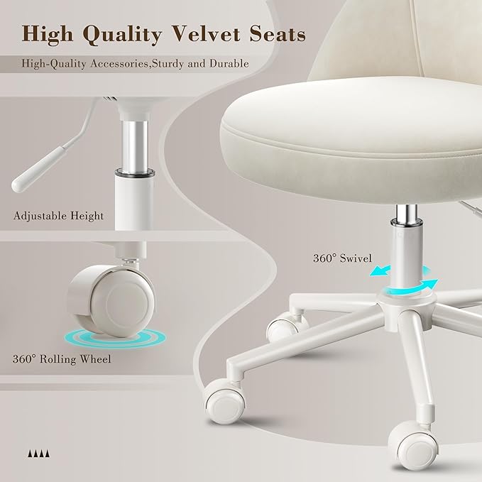 EnHomee Vanity Chair with Wheels, Small Office Chair with Back, Cute Armless Desk Chair for Makeup Room, Home Office,Bedroom, White