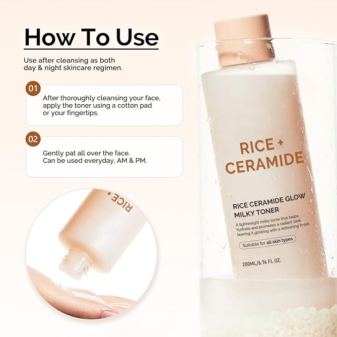 Rice Glow Milky Toner for Face - Hydrating Facial Toner with Ceramide & Niacinamide, Strengthens Skin Barrier (200ml) + 100-Count Fluorescent-Free Stretchable Cotton Pads