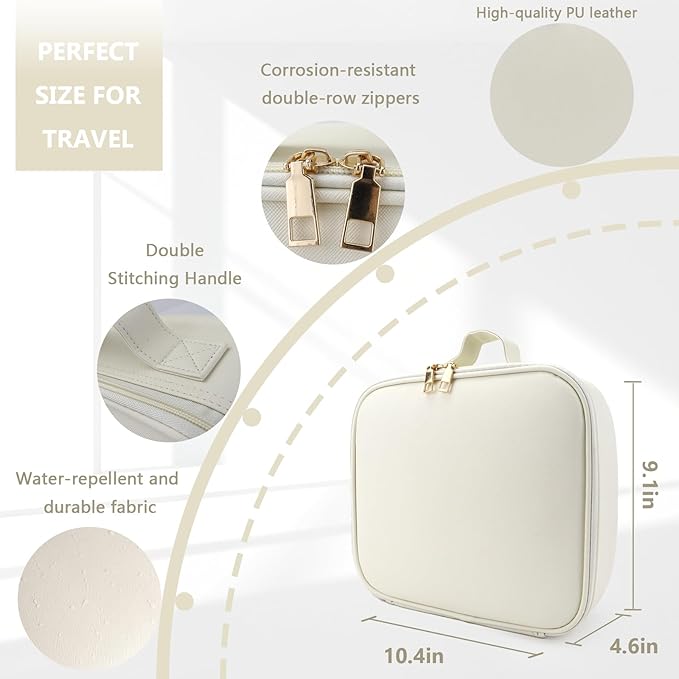 Makeup Bag with Mirror,with Mirror 3 Color Setting and Detachable 10x Magnifying Mirror Large Vanity Makeup Cases,Portable Storage and Adjustable Dividers, for Women and Makeup Artists-White