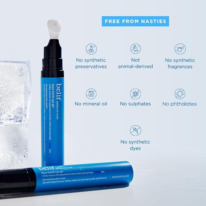 belif Aqua Bomb Cooling Eye Gel - Caffeine & Hyaluronic Acid for Puffiness & Hydration, Niacinamide & Vitamin C for Dark Circles, Adenosine & Collagen for Plumping, Korean Skin Care, 0.5 fl oz (15ml)