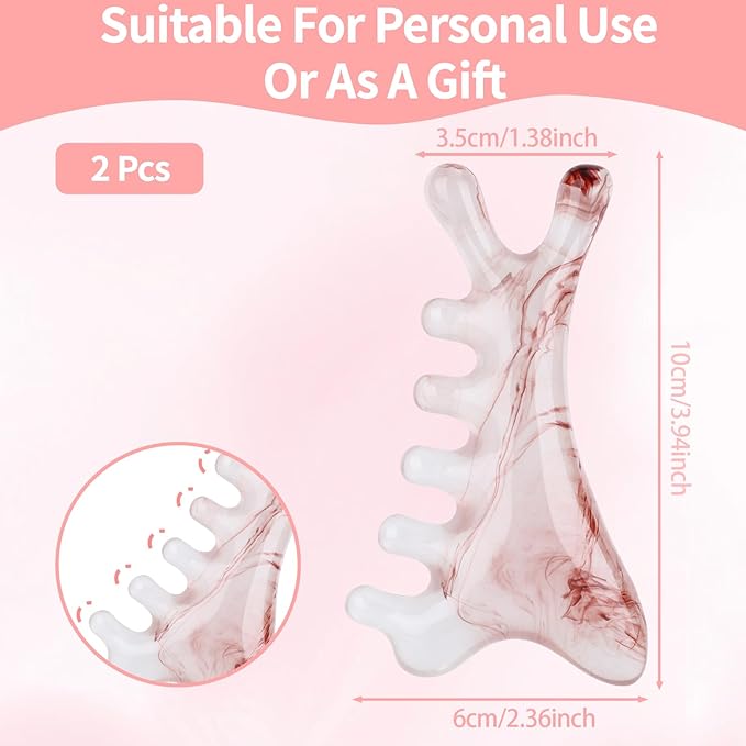 2 Pcs Gua Sha Facial Tools 4-in-1 Guasha Tool for Face Neck Eye Jaw, Amber Resin Massage Comb Head SPA Brush Scalp Massager for Hair Growth Body Tension Relief Lymphatic Drainage