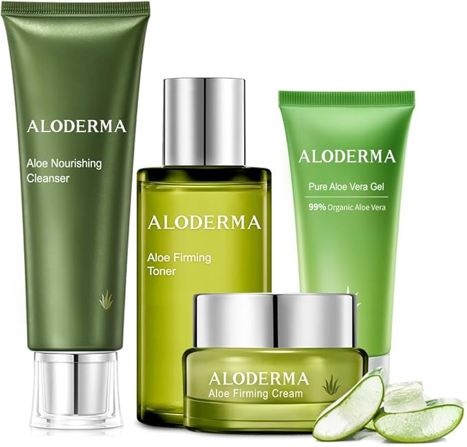 Aloderma Essential Aloe Firming & Rejuvenating Skin Care Set - 5 Pieces - Gel, Cleanser, Toner x2, Cream