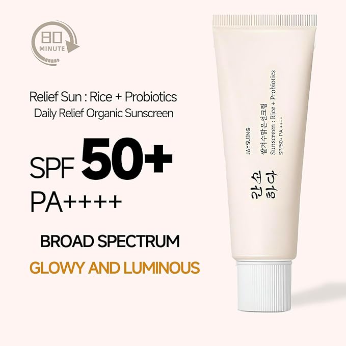 Relief Sun Organic Sunscreen SPF50, Relief Sun Rice Probiotics SPF50+, Korean Sunscreen PA++++ for All Skin Types and UV Defense, Nourishing Skin Protection, Moisturizing Skin Care 1.7 fl oz/50 ml