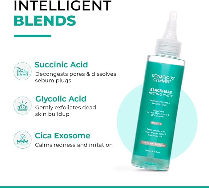 Concious Chemists Blackhead Melting Water | 100ml | Gentle Pore Treatment with Succinic, Glycolic Acid & CICA Exosome | Unclogs Pores, Dissolves Blackheads & Smoothens Skin | Toner for Men & Women