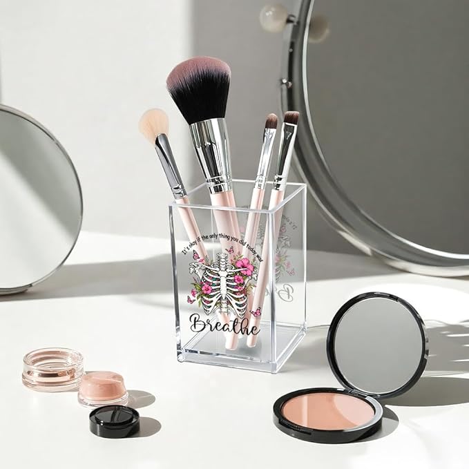 It's Okay Only Breathe Acrylic Cosmetic Pencil Pen Holder Cup, Skeleton Desk Organizer Accessories for Office, Inspirational Gifts for Women Girl Coworker Therapist Teacher Respiratory Doctor