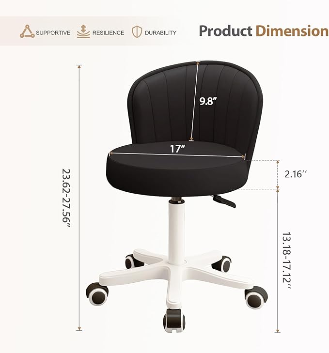 Small Round Rolling Desk Chair Armless Comfy Vanity Computer Chair with Low Backrest PU Leather Height Adjustable Swivel Work Spa Chair