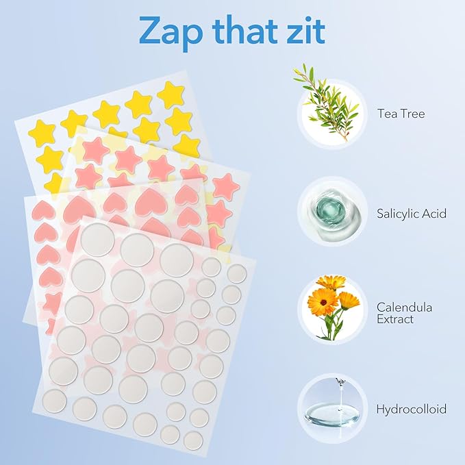 Pimple Patches for Face, Acne Patches Hydrocolloid, Cute Star Zit Covers for Face, Spot Stickers with Tea Tree, Salicylic Acid & Cica Oil| Round,Star,Peach Shapes| 5 Sizes| 282 Count